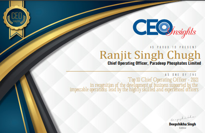 Mr. Ranjit Singh Chugh, Chief Operating Officer, was awarded as one among top 10 CEO -2021 by CEO Insight – July 2021